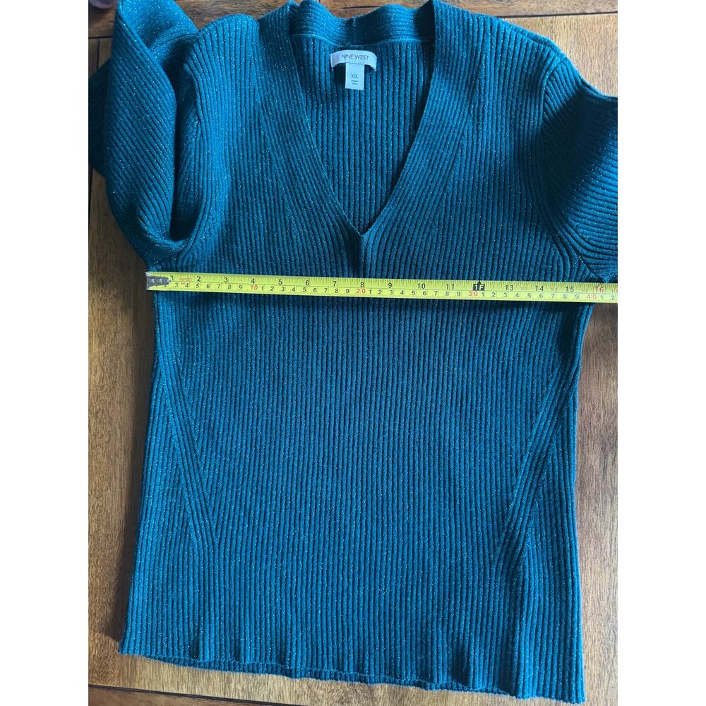 Nine West Teal Metallic Ribbed Sweater XXL V Neck Long Sleeve - Picture 6 of 12